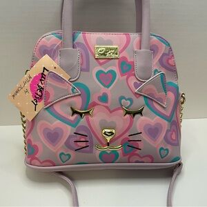 Luv Betsey Johnson Cat Face W Multi C Hearts  Crossbody Purse LBLINI
